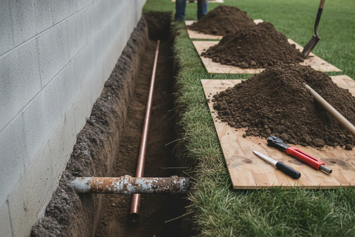 Excavated water line trench during Sewer Line Repair in Leesport